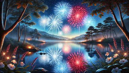 花火、夜空、川、祝杯