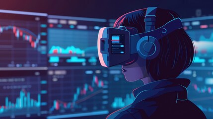 Flat design image of a person using VR to explore global financial markets, promoting awareness of modern trading tools