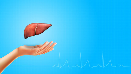 Liver on Hand with Heartbeats on Blue Background