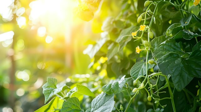 A lush vine of tauri vegetable growing in a vibrant, tropical garden, with large, healthy green leaves and small, delicate yellow flowers in the morning sunlight