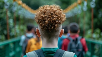Boy with curly hair looking away from camera.