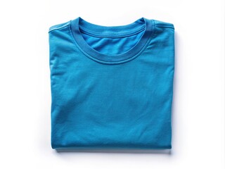 Crisp blue t-shirt folded neatly on a white background, showcasing a soft, smooth texture and a subtle sheen under studio lighting, ideal for e-commerce use.
