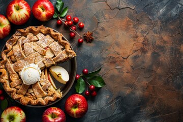 Top view of delicious homemade apple pie with cut slice, fresh apples, peel and ice cream on brown rustic stone background, space for text. Autumn or Thanksgiving concept, baked apple pie for dessert