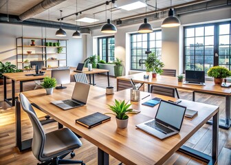 Modern office space with two empty desks, laptops, and notepads, surrounded by professional equipment and tools, conveying a sense of collaborative learning environment.