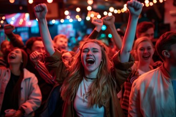 A cute attractive lovely millennial male is laughing excitedly and having fun with his fists raised in the air raising his fists from the inside wearing a suit dress in a fashionably modern