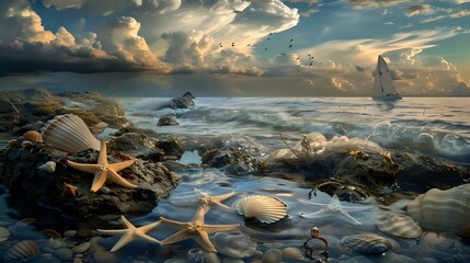 Rocky shoreline with tidal pools, starfish and seashells scattered on wet rocks, dramatic clouds rolling in, and a sailboat on the horizon