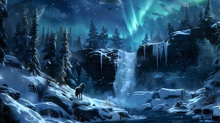 Winter view of a frozen waterfall in an icy valley with snow-covered pine trees, alone wolf standing on a nearby cliff and the northern lights above