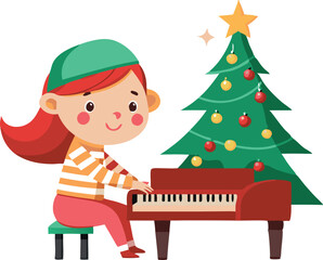 Naklejka premium Female pianist by xmas tree