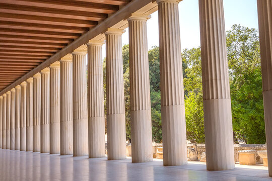 Ancient Stoa of Attalos columns in Athens, Greece
