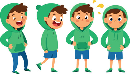 Cartoon boy in green hoodie and blue shorts