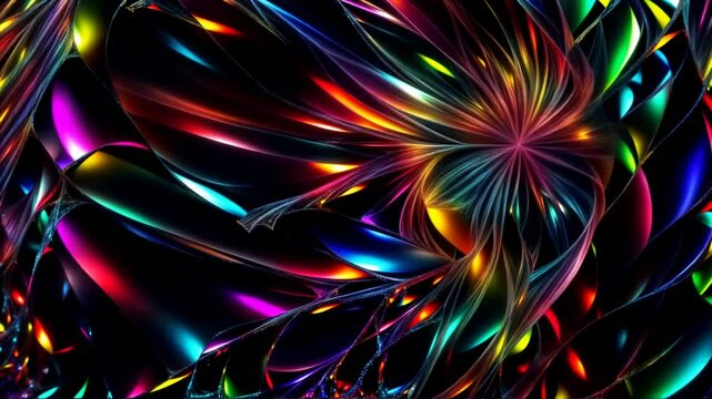 Looped animation of vibrant color sparkling, multi-colored crystal or gemstone on dark background, soft, glowing light, colorful kaleidoscope of patterns and shapes that continuously change and rotate