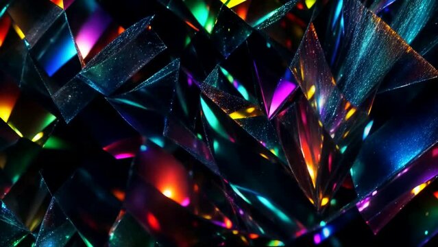 Looped animation of vibrant color sparkling, multi-colored crystal or gemstone on dark background, soft, glowing light, colorful kaleidoscope of patterns and shapes that continuously change and rotate
