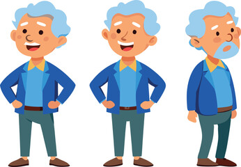 Fototapeta premium Cartoon illustration of three elderly men with different facial expressions and poses.