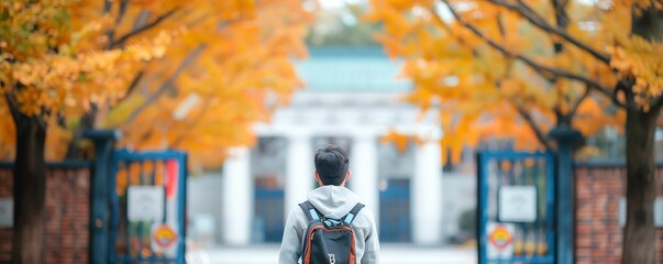 Naklejka premium A person with a backpack walks toward an entrance under autumn leaves.
