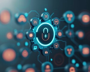 Abstract futuristic illustration depicting interconnected network security with a padlock symbol in the center.