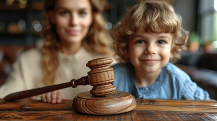 Cute child and mother at table with gavel of judge blurred in background, family law concept