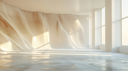 Sunlit Minimalistic Interior with Flowing Draped Fabric and Large Windows
