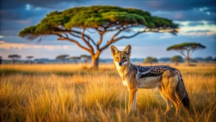 Wild black-backed jackal stands alertly in open savannah landscape, its distinctive dark fur contrasting with surrounding grasses and acacia trees under bright African sky.