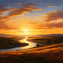 Golden sunset casting a warm glow on lush fields, river meandering through the plains, silhouette of trees framing the scene