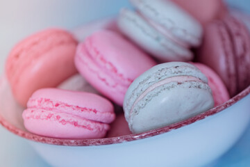 Colorful macaroons. Sweet macarons bowl