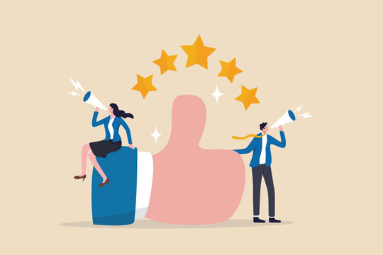 Recommendation, like or business feedback, office reputation, customer feedback or announce best quality promotion, recommend career concept, business people announce on megaphone with thumbs up.