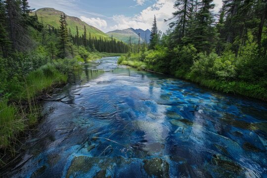 A blue colored creek filled with glacial flowerr or coloital particles in the Mattanuska River Valley in Alaska. The composition is almost straight down on the river and forest.