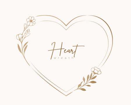 Hand drawn gold floral heart wreath and leaves. Flower branch botanical frame for monogram, wedding logo, invitation, postcard, and more. Vintage ornament illustration isolated on white background.