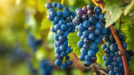 Blue Grapes Hanging on Vine in Vineyard, Close-Up of Harvest Ready Bunches