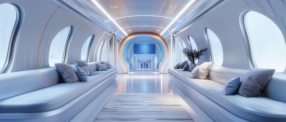 Obraz premium Modern, white, luxurious airplane interior with plush seating and large windows.
