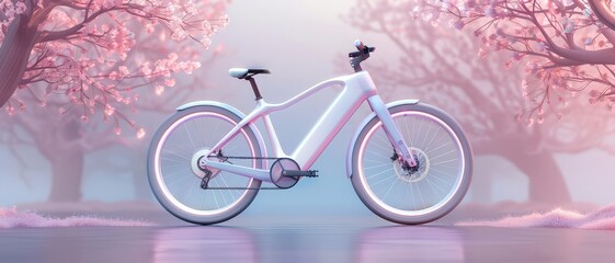 Fototapeta premium White electric bike in a dreamy, pink blossom setting.