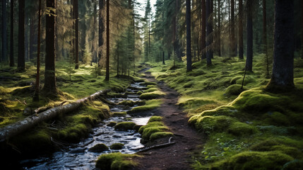 Obraz premium Sunlight's Embrace: A Wide-Angle View into a Forest Bathed in Golden Light