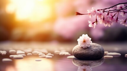Peaceful zen garden with cherry blossoms