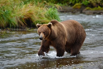 Obraz premium A coastal brown bear walks through a gentle river in the Alaskan wilderness while waiting for schools of salmon to come in from the ocean and push up to their spawning grounds.