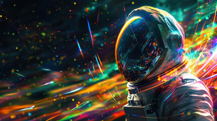 Naklejka premium A futuristic depiction of an astronaut in space, surrounded by vibrant, colorful light trails against a dark cosmic backdrop.