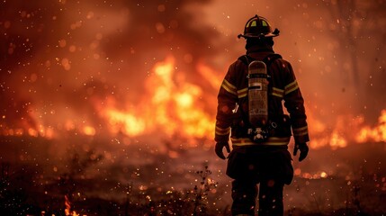 Fototapeta premium A firefighter stands in front of a raging wildfire, with flames and sparks illuminating the scene, showcasing bravery and danger.