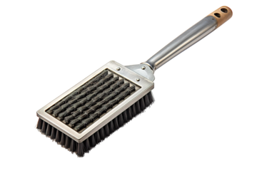 Stainless Steel Grill Cleaning Brush With Wooden Handle and Bristles. on a White or Clear Surface PNG Transparent Background.