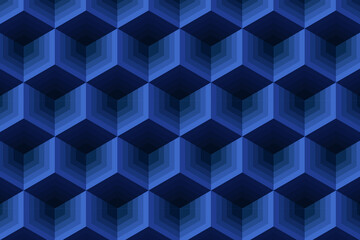 Abstract cube pattern on blue background. Isometric, 3d space looks like optical illusion