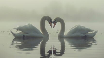 Fototapeta premium A pair of swans on the lake forming a heart, AI generated Image