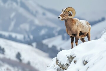 A large bighorn ram (Ovis canadensis) stands on a snow covered mountainside surveying the valley below in the Lamar Valley of Yellowstone National Park in the winter.