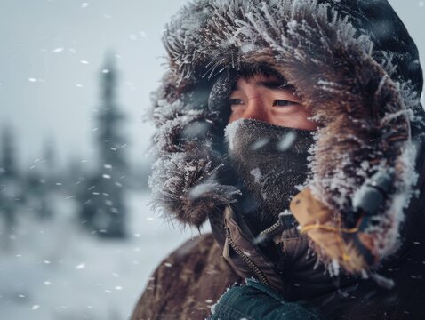 A person dressed in a warm winter coat with a hood, ready to face the cold weather