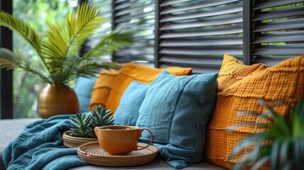 Pillows, golden teapot, decorative straw plates, Scandinavian blanket, tropical palm tree, succulent, and d&eacute;cor for modern minimalist home.