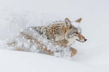Fototapeta premium A large coyote in full winter coat makes his way through deep snow in Yellowstone National Parkâ€™s Hayden Valley.