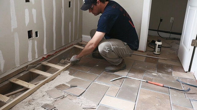 A worker in protective gear is kneeling on a tiled floor, using tools to repair or install tiles and a section of the wooden subflooring.