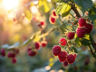 Obraz premium Ripe raspberries on the vine in the sunlight
