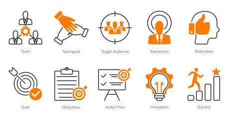 A set of 10 Mix icons as team, teamwork, target audience