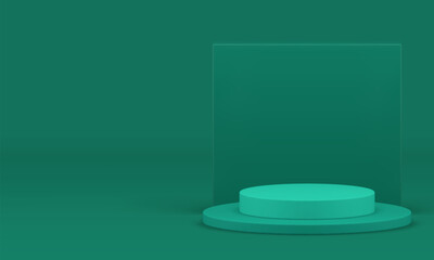 3d green cylinder podium pedestal with squared wall background realistic vector illustration