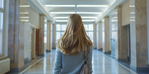 Fototapeta premium A woman walks alone down a long hallway with a sense of mystery and intrigue
