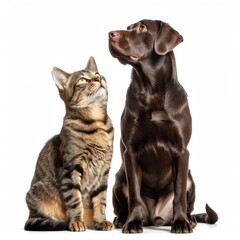 Cat and dog sitting side by side on white background, AI generated Image