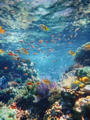 Fototapeta premium Colorful fish swim above vibrant coral reef, great for underwater scenes or ocean-inspired designs