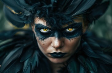 Mysterious dark feathered creature with intense yellow eyes
